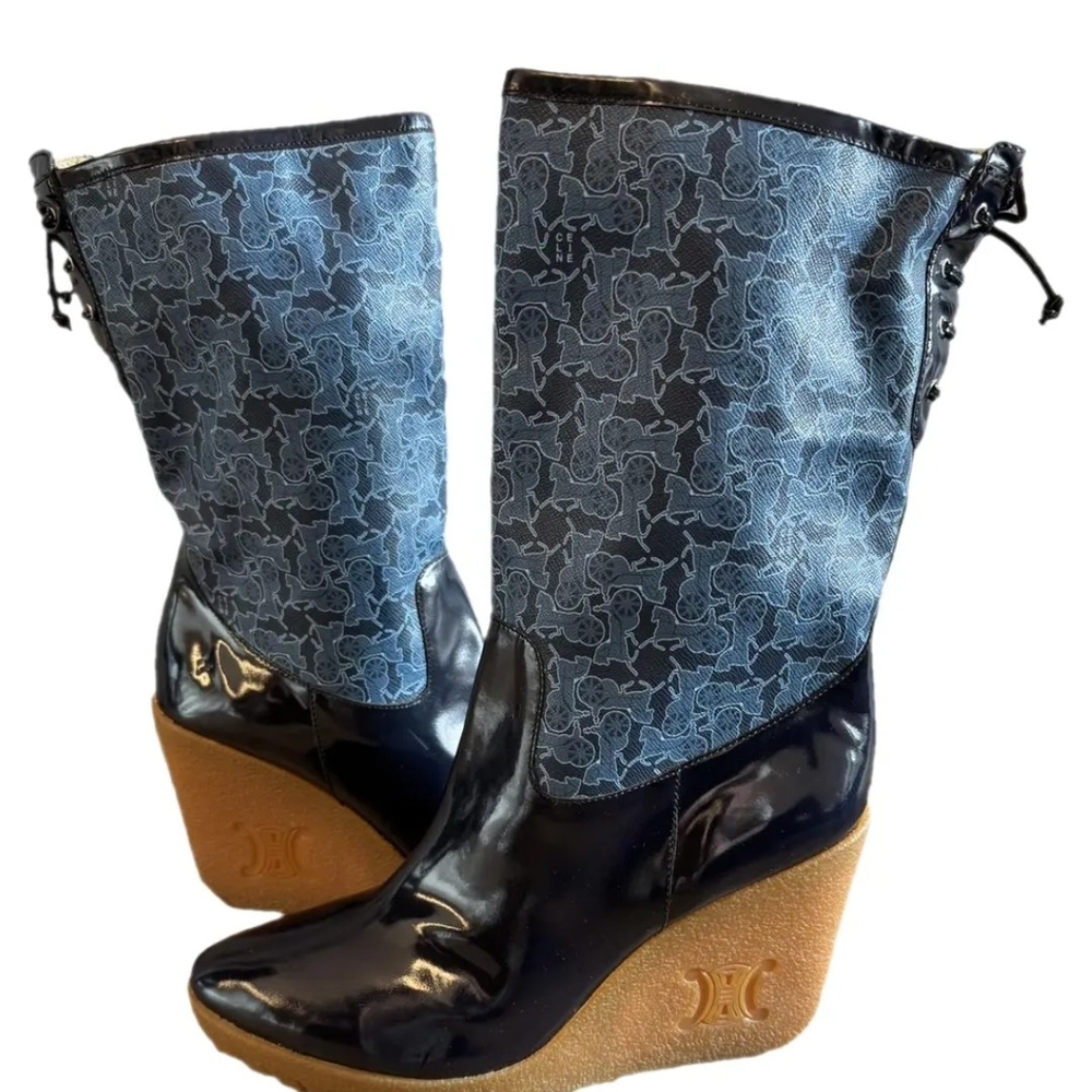 CELINE Elegant Navy Patterned Wedge Leather Boots
